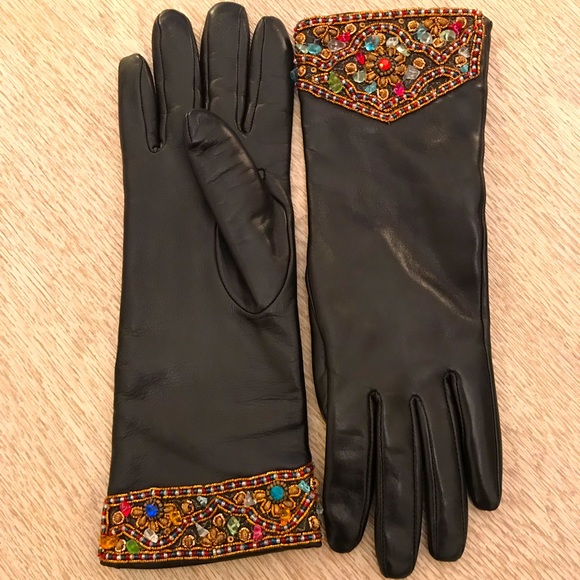 Accessories - Retro Black Long Leather Jewel Trimmed Gloves